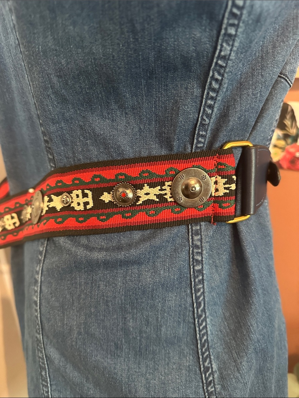 Southwestern inspired navy blue leather brass tone clasps medallions belt/strap - Picture 3 of 15